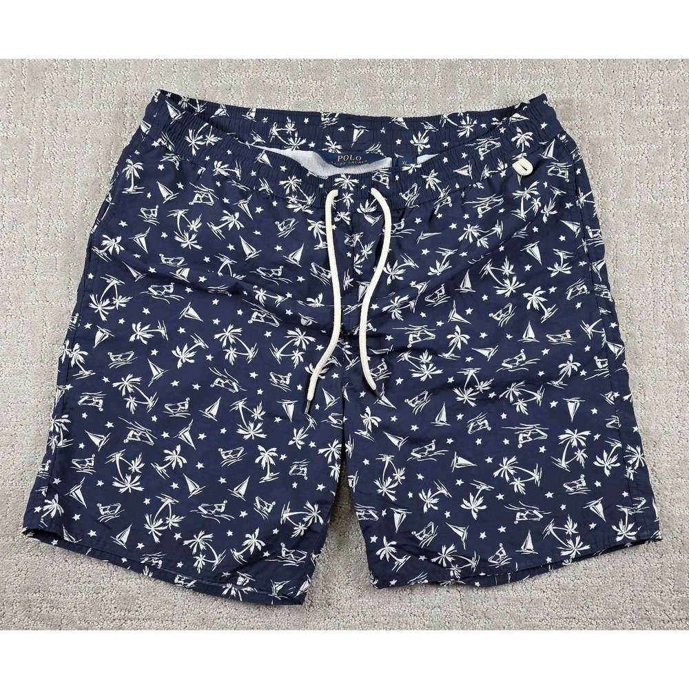 Polo Ralph Lauren Mens XL Navy Blue Palm Trees & Jet Skis Swim Trunks Mesh Liner